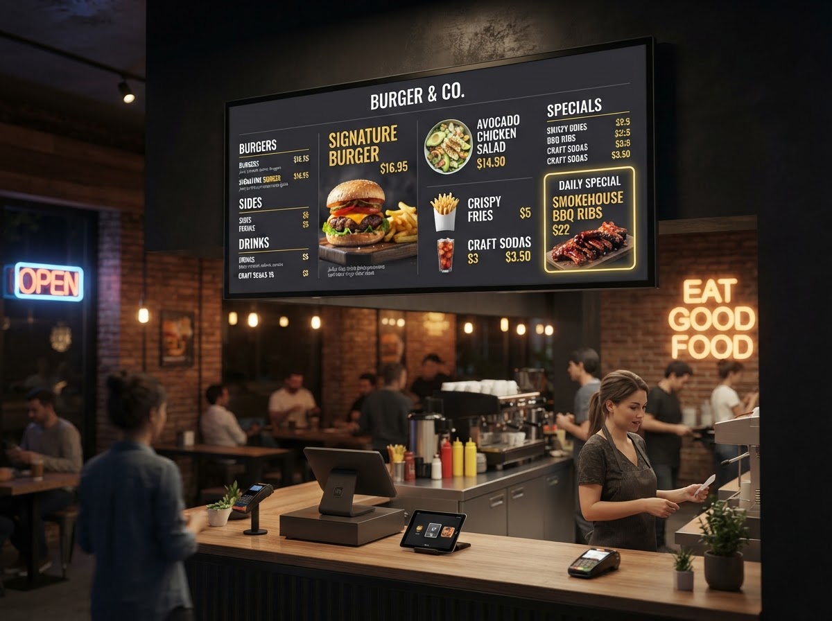 Glowing digital menu board mounted inside a modern fast-casual restaurant