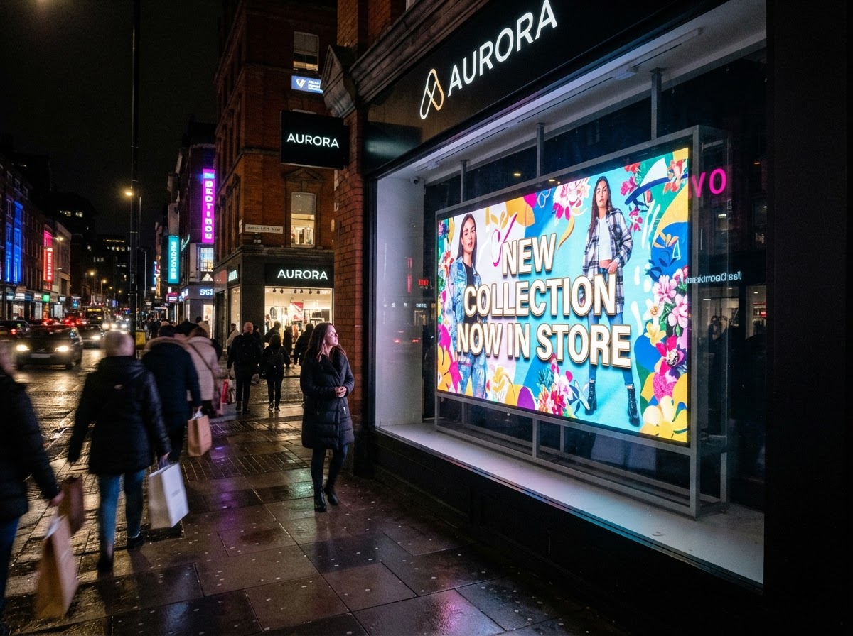 Window facing digital display for store front advertising