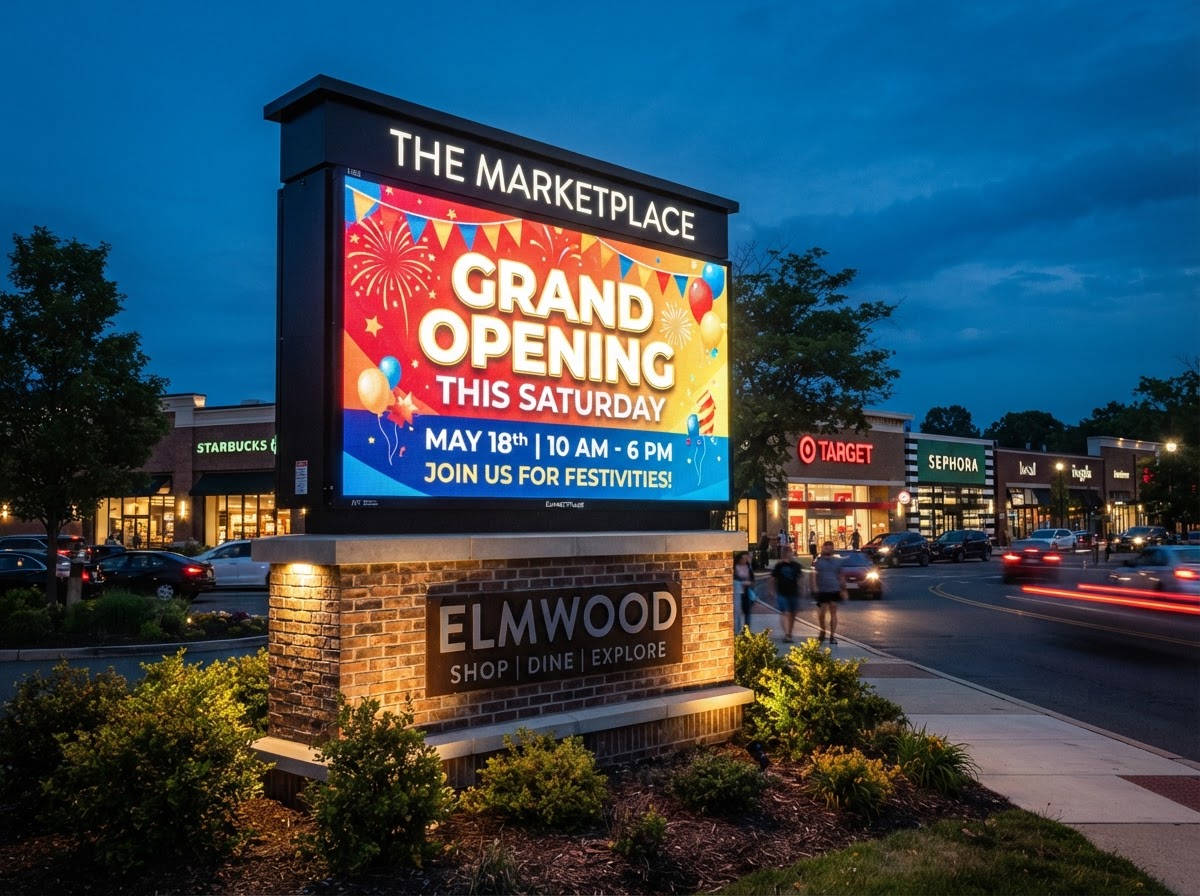 Outdoor LED message center displaying grand opening announcement