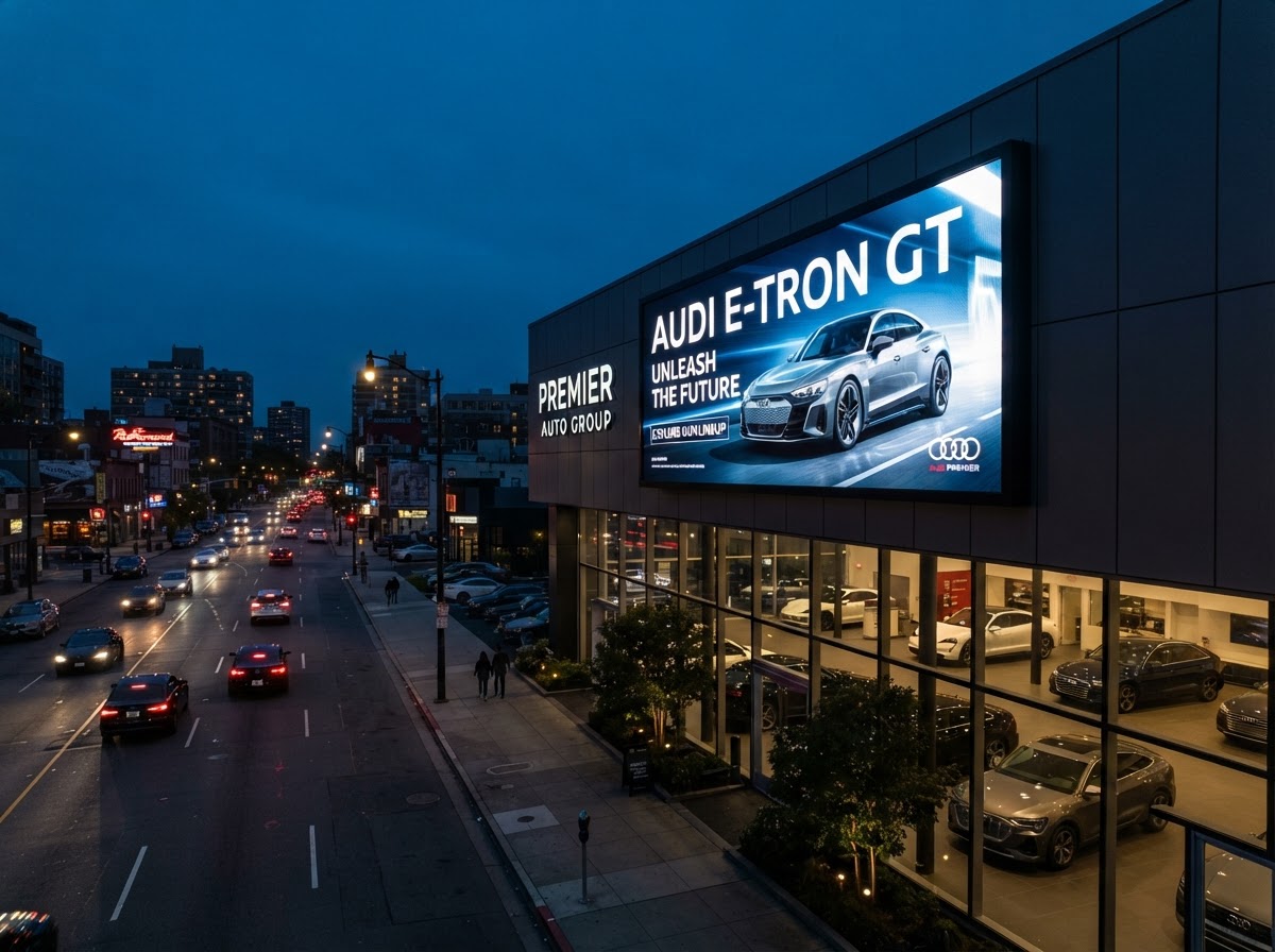 Large building-mounted commercial widescreen LED display on a car dealership facade facing a main thoroughfare