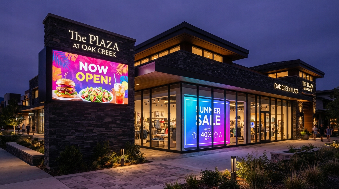 ShowUp Shop digital signage installation — outdoor LED message center and storefront window display at dusk