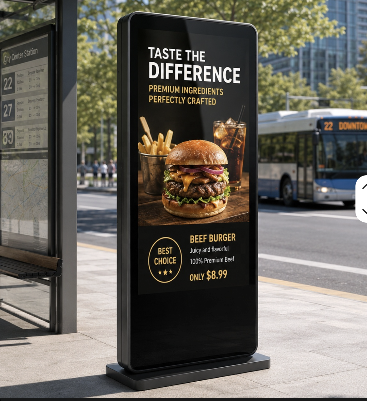 Freestanding outdoor digital totem kiosk advertising food specials on urban sidewalk