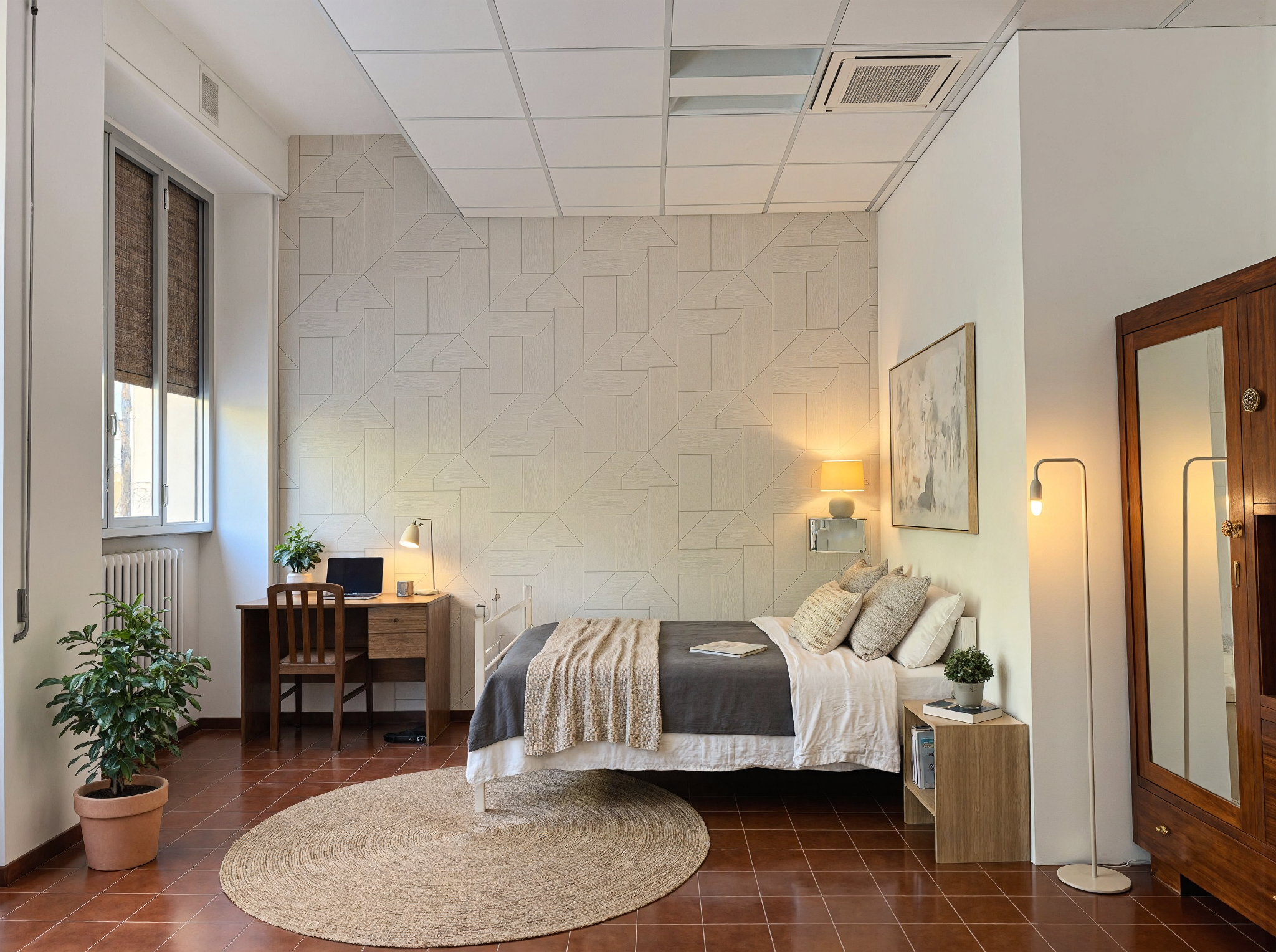 Single room with 140 cm bed, private bathroom and study area