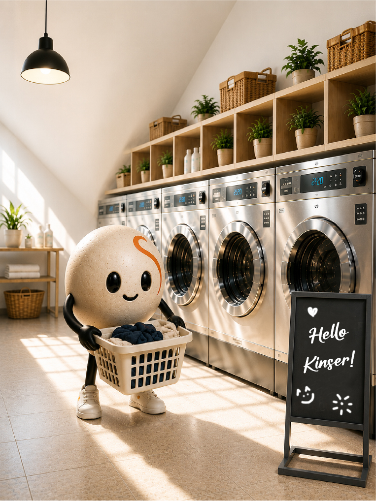 Self-service laundry room with coin-operated washing machines