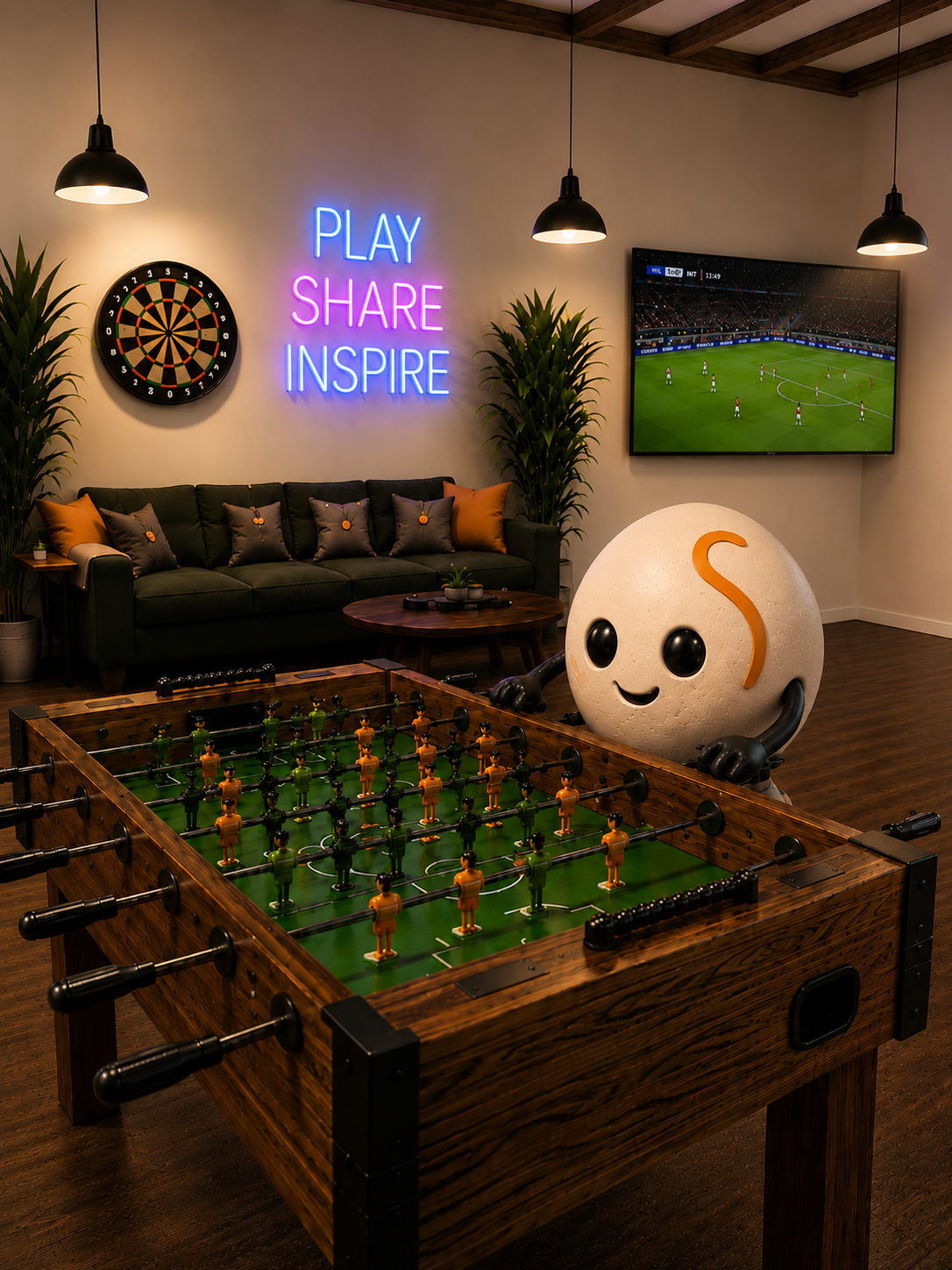 Living room with ping pong, foosball, sofas and relaxation area