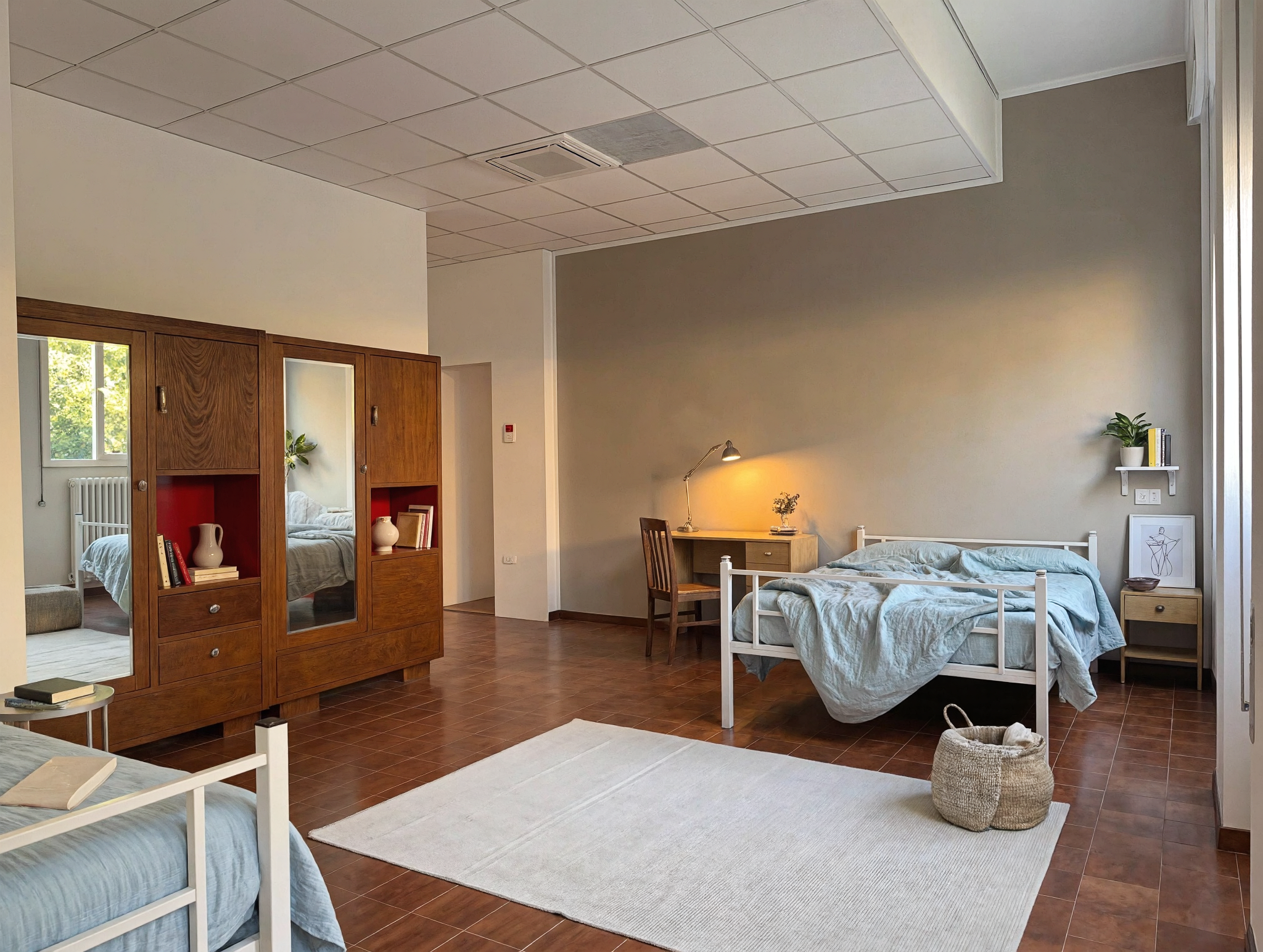Shared double room with two study areas, personal wardrobes and en-suite bathroom
