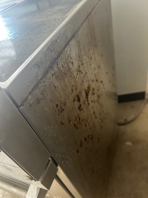 Before cleaning: Heavy grease and rust stains on stainless steel appliance