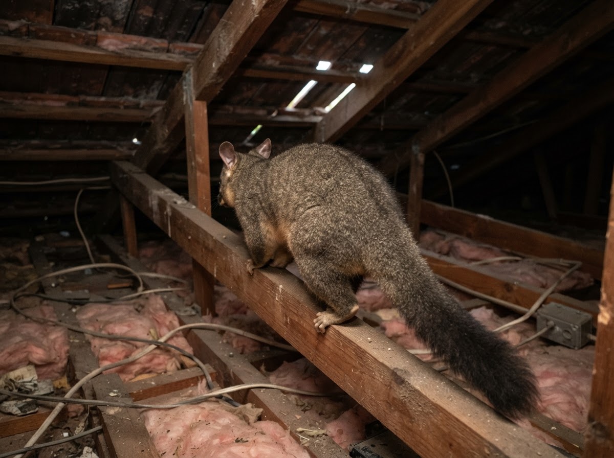 A live Australian Common Brushtail Possum moving along roof timbers in a residential roof space, viewed from behind, illustrating live possum activity in a roof.