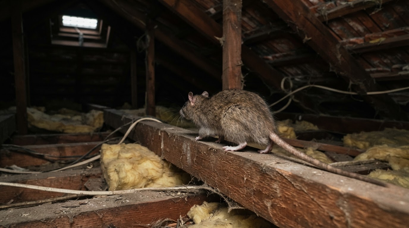 A live rat moving along exposed timber framing inside a residential roof space, illustrating rat activity within a building.