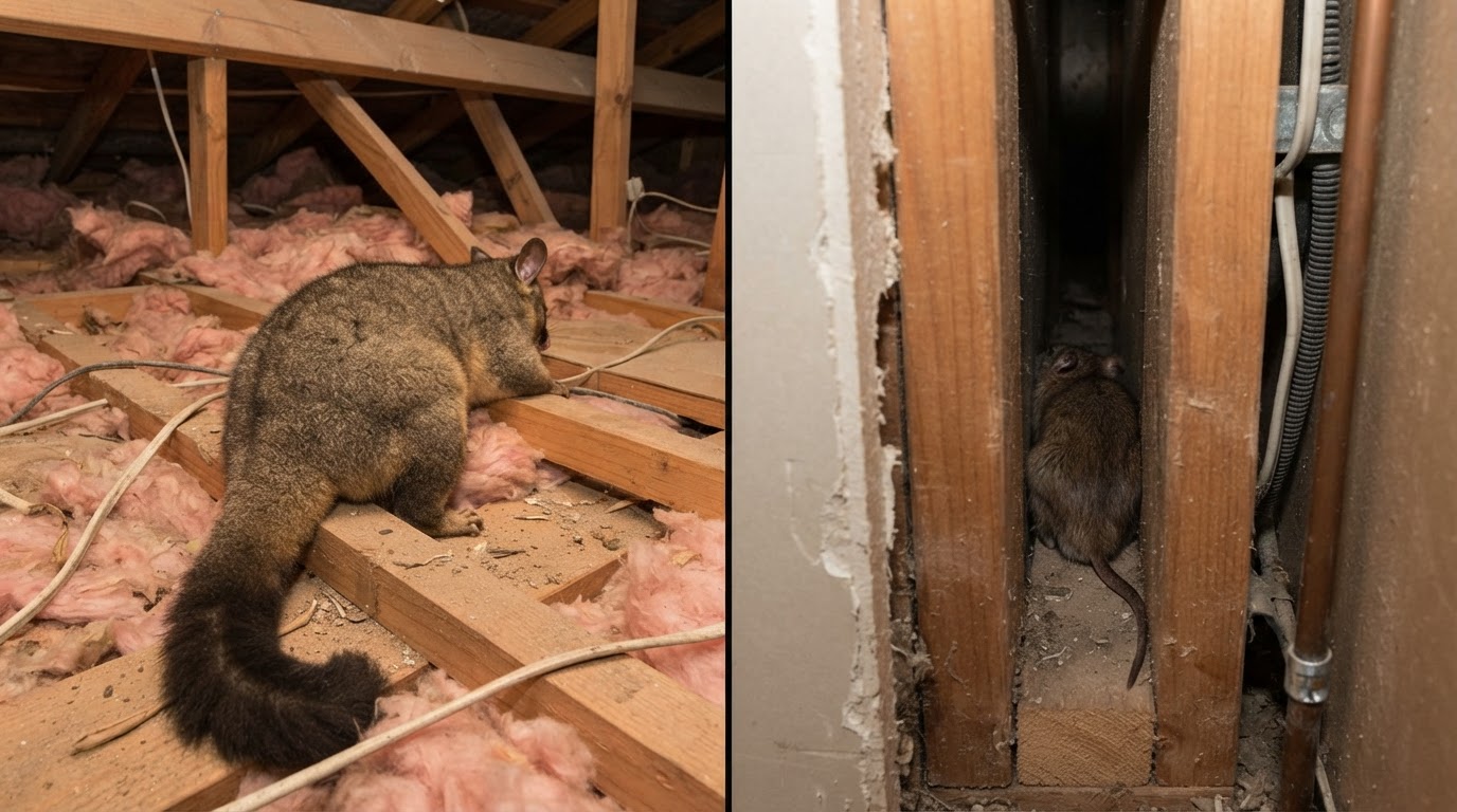 Split image: a deceased Common Brushtail Possum lying motionless across roof timbers in a residential roof space, viewed from behind, and a deceased rat lying motionless wedged in a confined wall cavity between structural framing, viewed from behind — illustrating dead possum and dead rat removal.