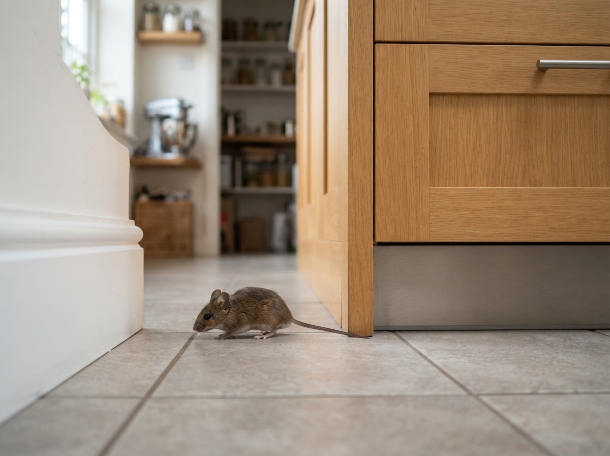 A mouse seen near the base of kitchen cabinetry in a residential home, illustrating indoor mouse activity.