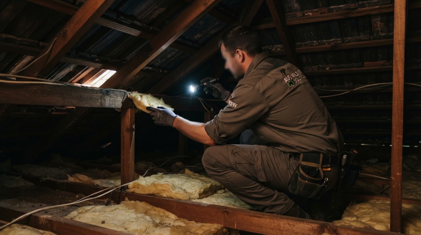 A wildlife management specialist methodically inspecting a residential roof space with a torch.