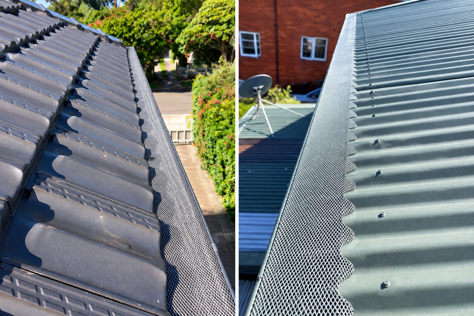 Steel Gutter Guard installed on tiled and metal roofs for possum and rodent proofing.