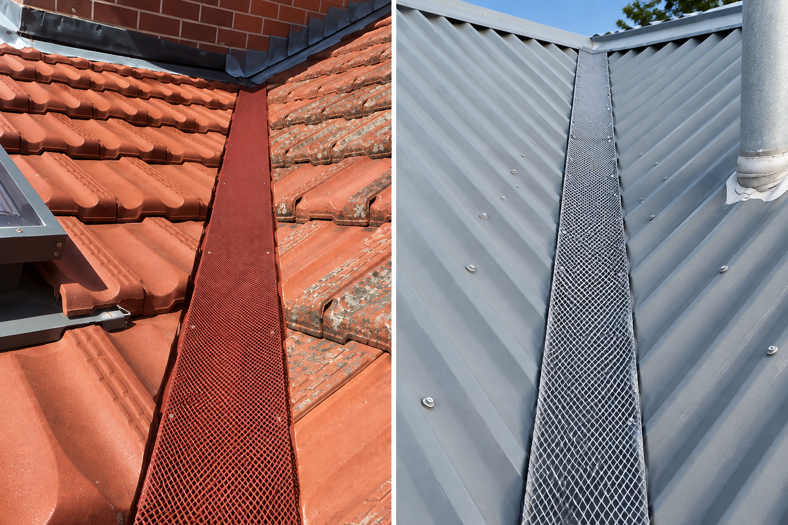 Steel valley guard mesh installed along a roof valley channel to prevent possum and rodent entry.