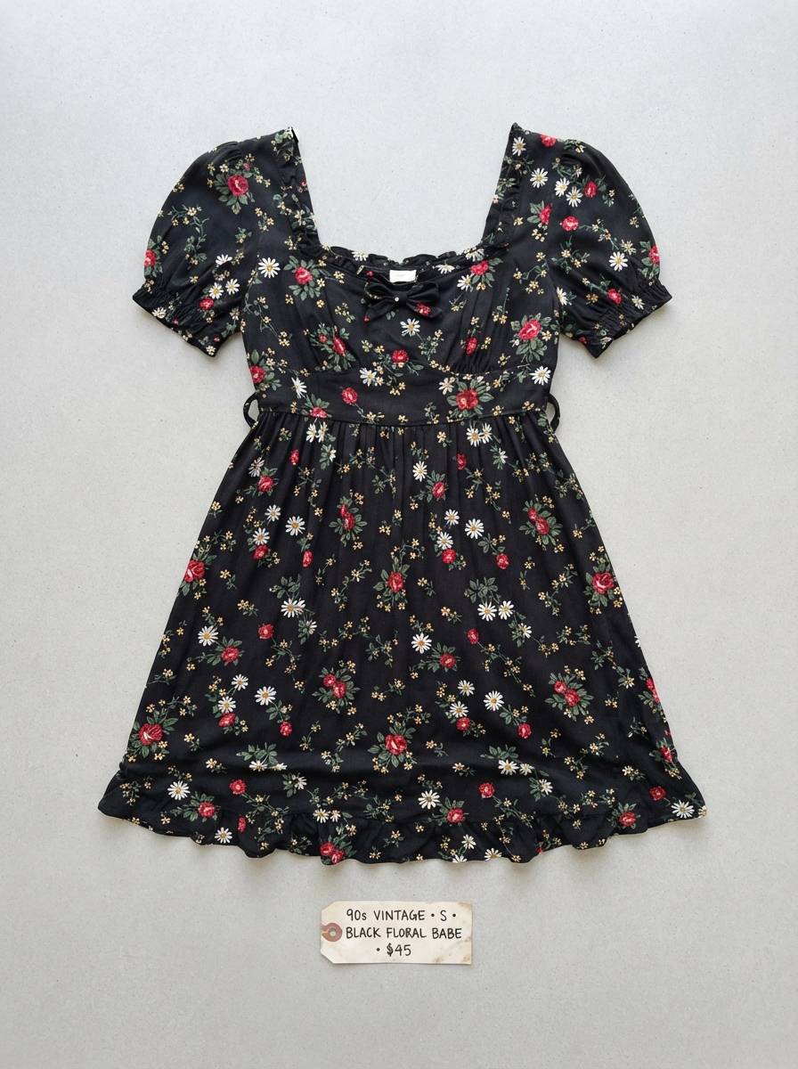 Black 90s Vintage Floral Babydoll Dress