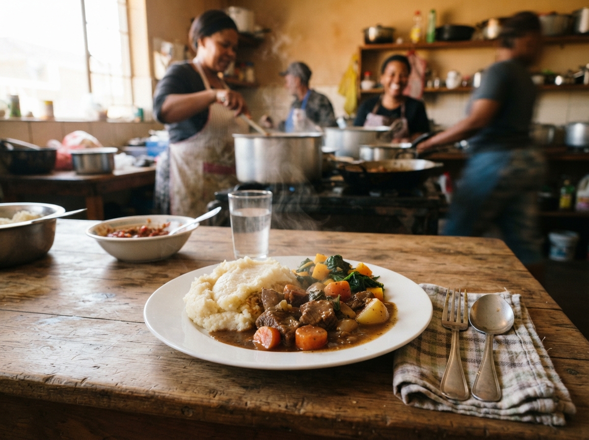 A hearty plate of pap and beef stew served at Florida Thrift's community feeding initiative