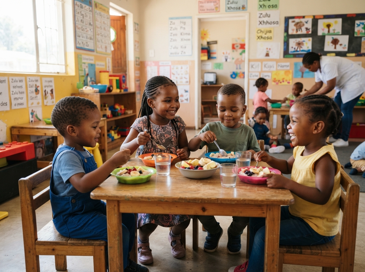 Young children eating a nutritious meal together at an Early Childhood Development centre supported by Florida Thrift