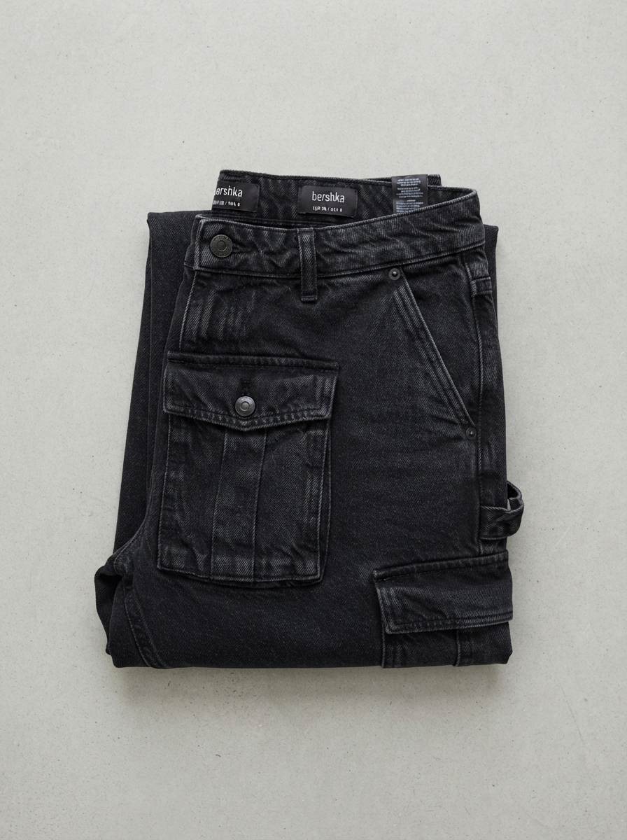 Bershka Black Denim Cargo Utility Pants