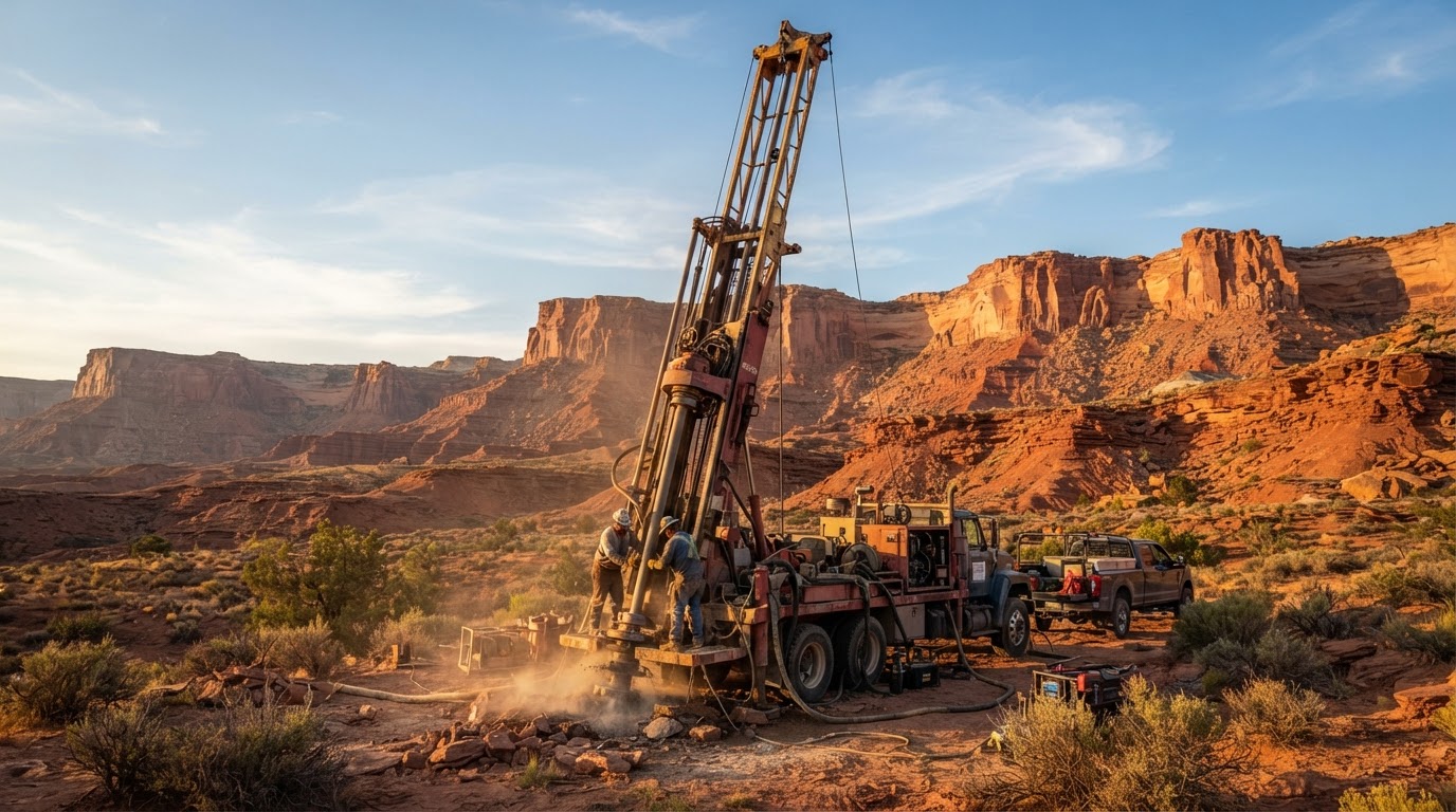Water well drilling rig with tall mast drilling into high-desert red rock ground