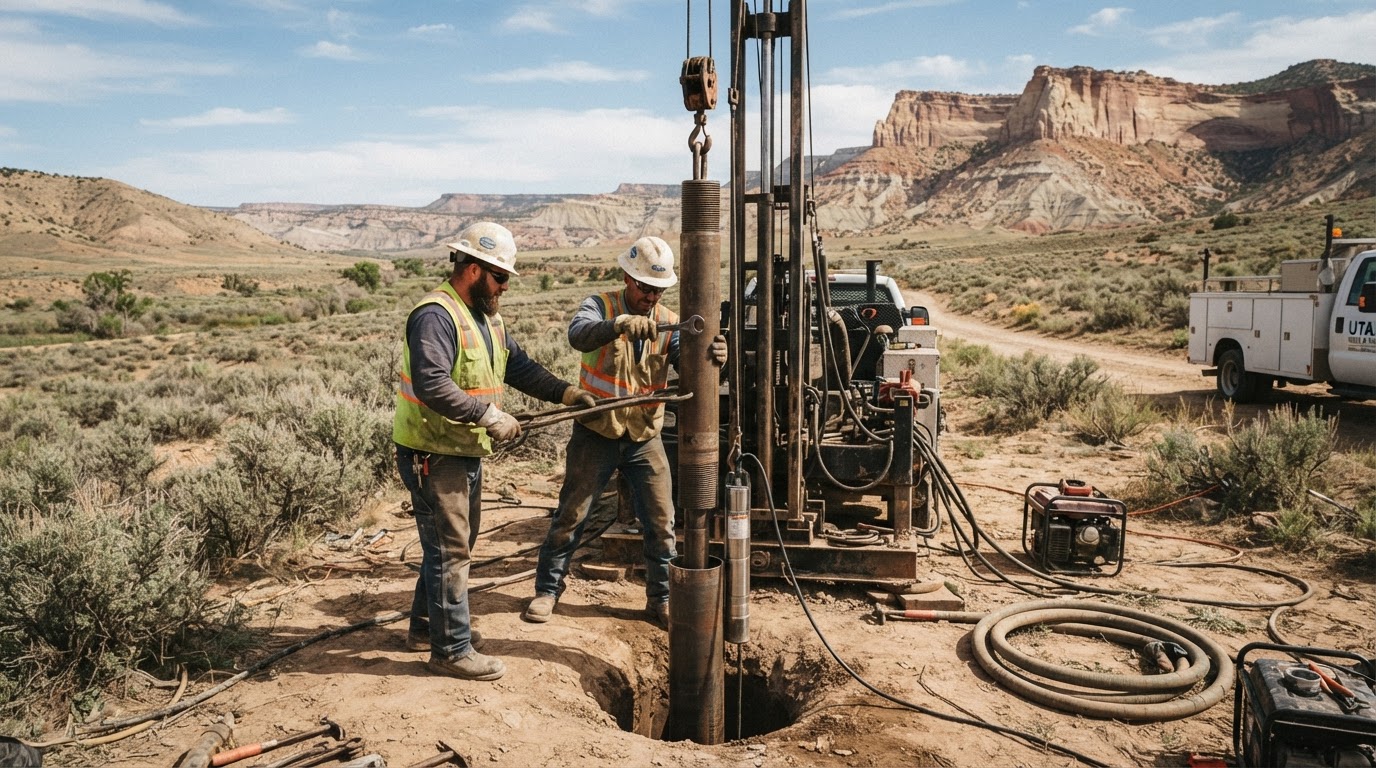 Steel well casing and submersible pump installation at a well site