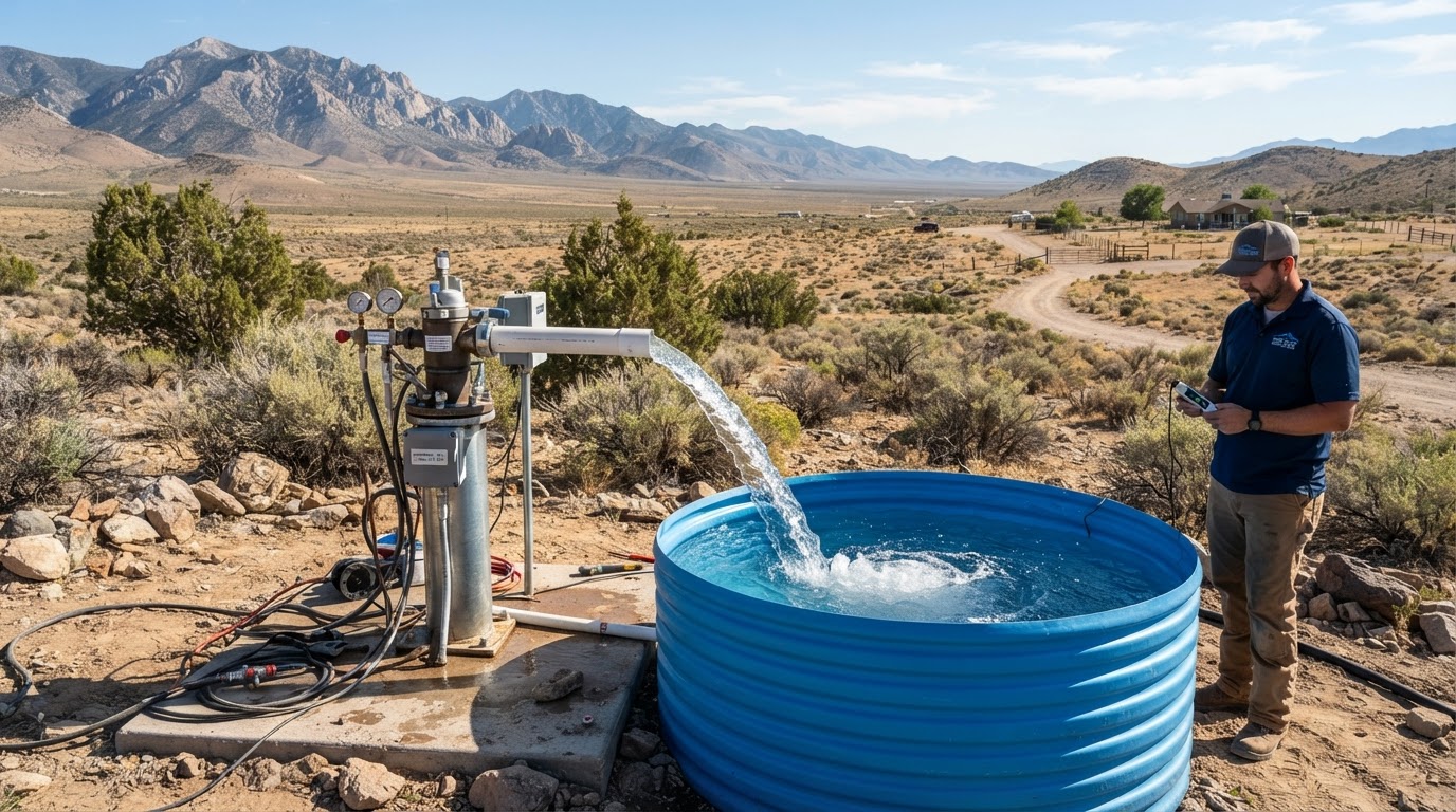Clean water flowing from a completed residential well into a testing tank