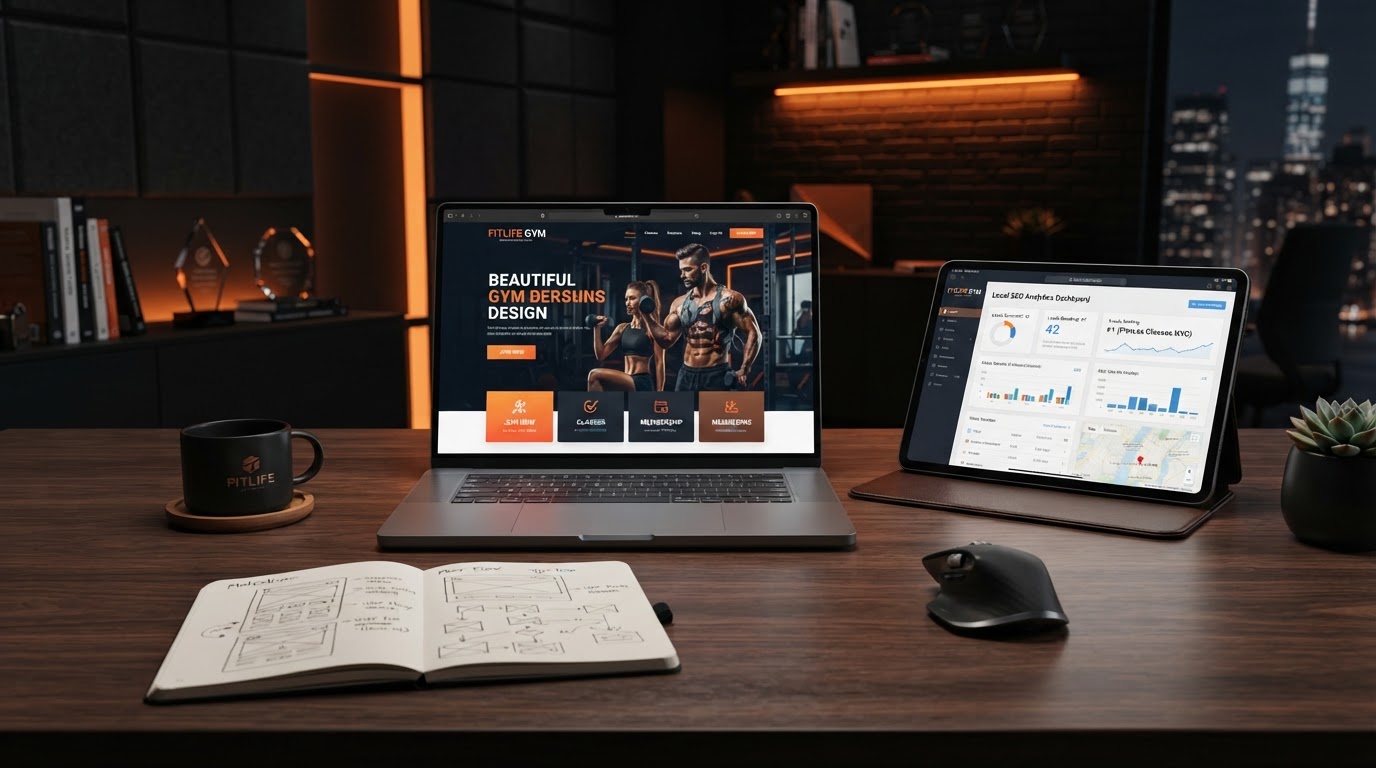 Laptop displaying a custom gym website design with SEO dashboard and lead analytics