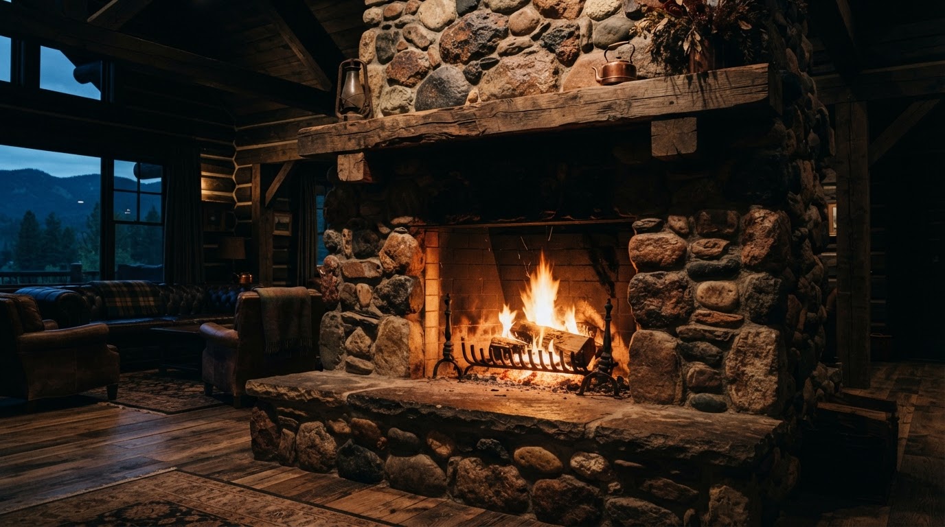 River rock and fieldstone fireplace hearth glowing at dusk in a Montana lodge