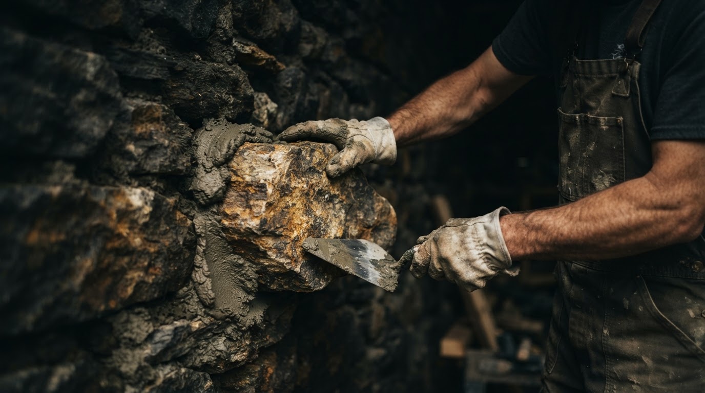Master stonemason setting natural fieldstone into a wall