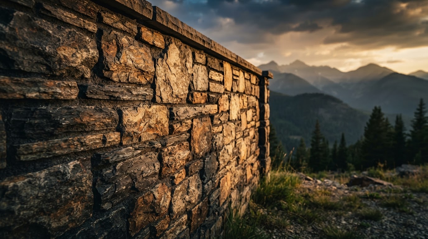 Natural stone masonry wall in the Flathead Valley, Montana at golden hour