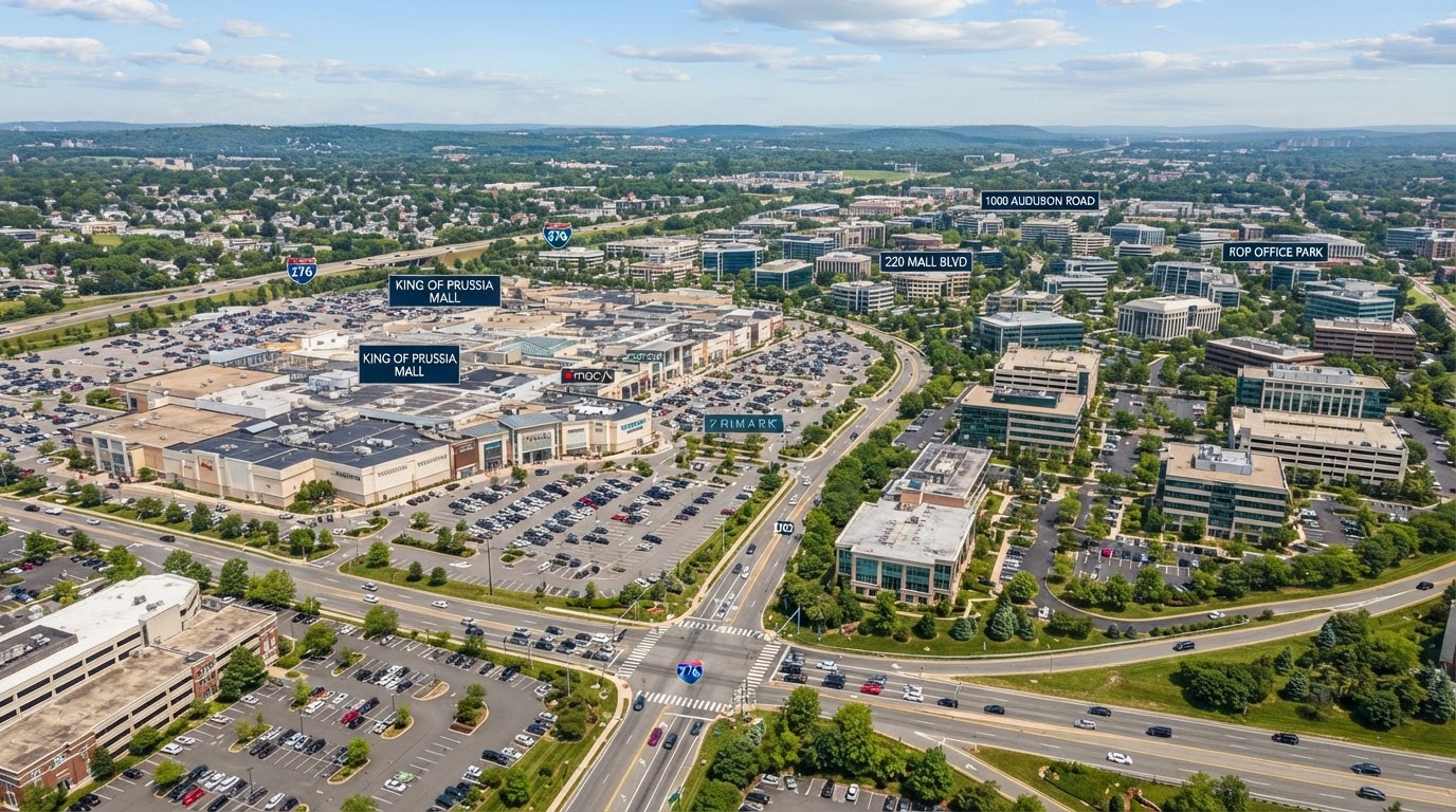 Large shopping centers and suburban office parks near King of Prussia in Upper Merion Township