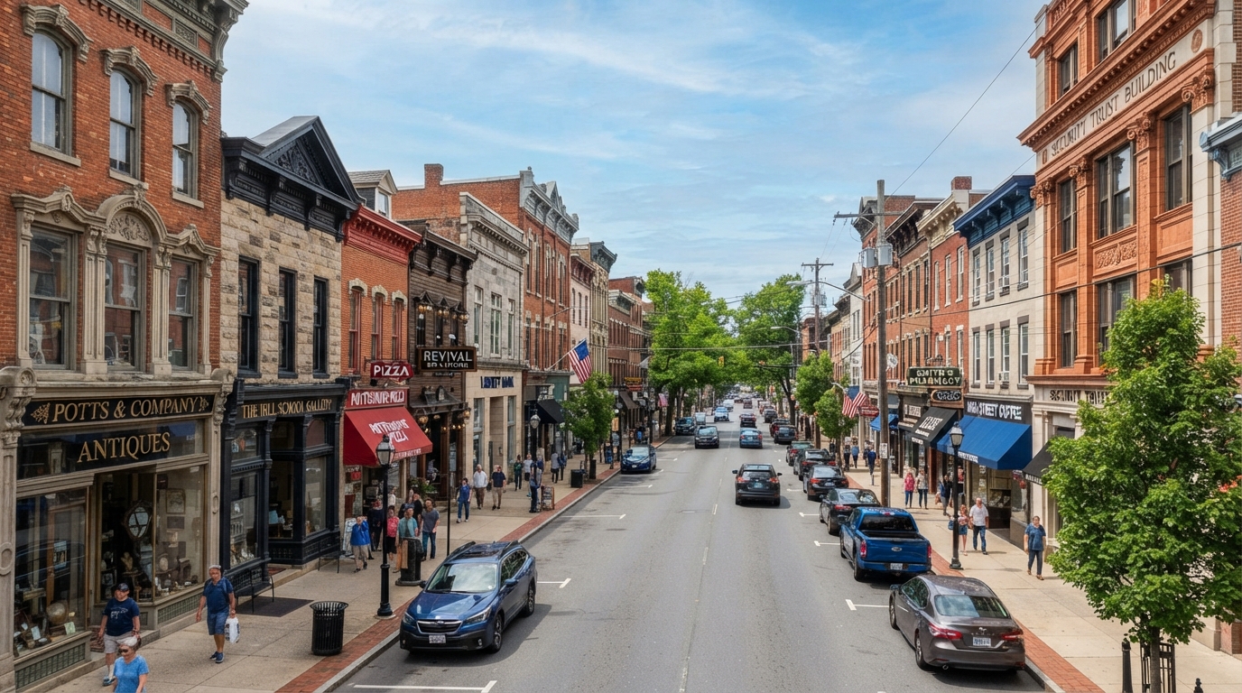 Downtown Pottstown commercial district with historic storefronts and office buildings along High Street