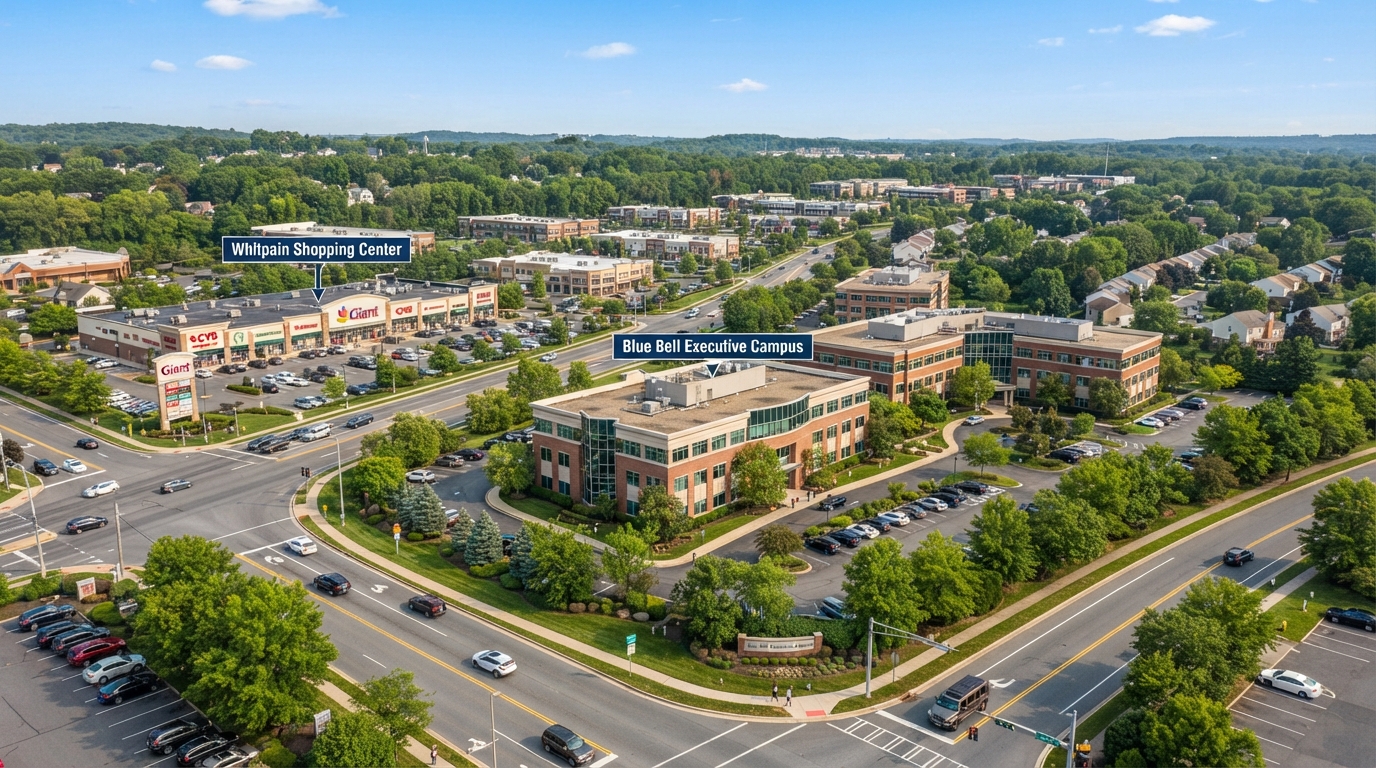 Suburban office buildings and retail centers in Whitpain Township near Blue Bell