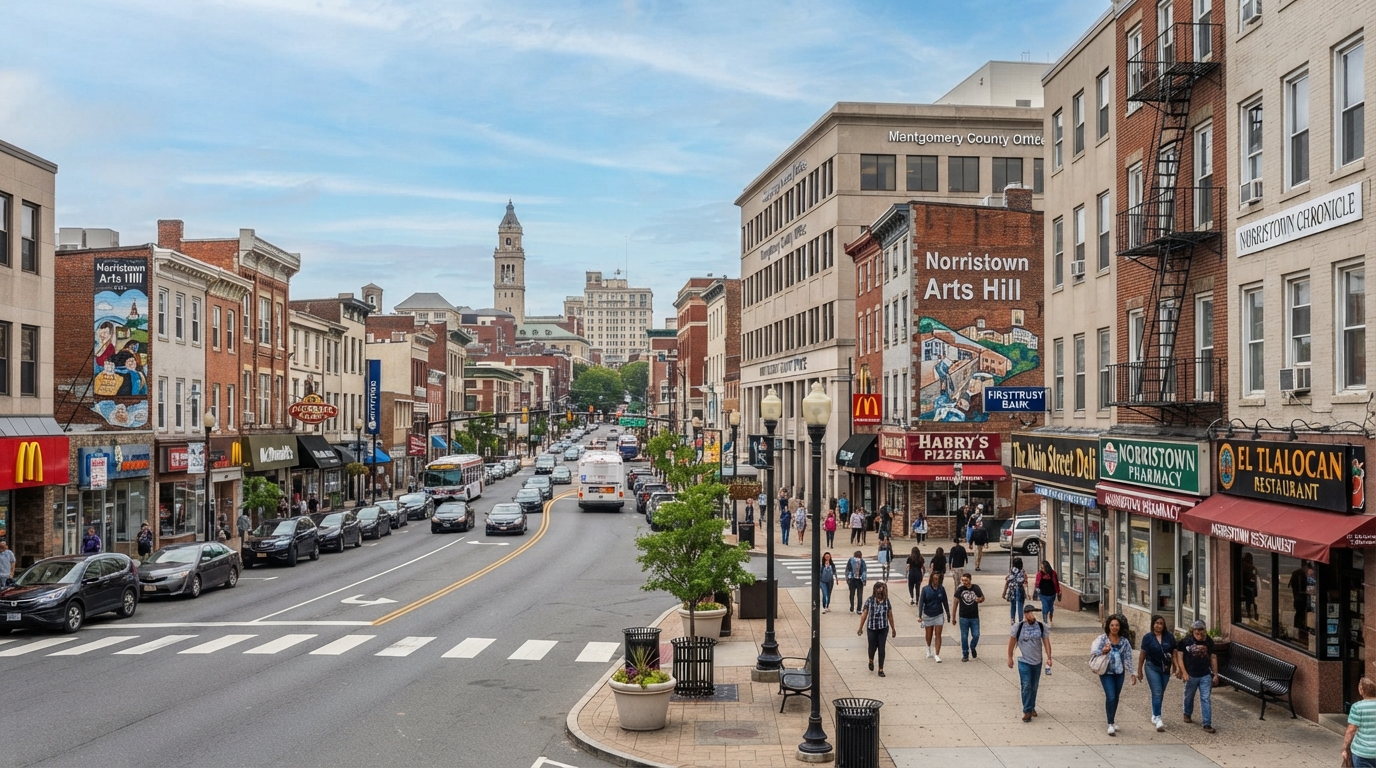 Downtown Norristown commercial district with office buildings and storefronts along Main Street