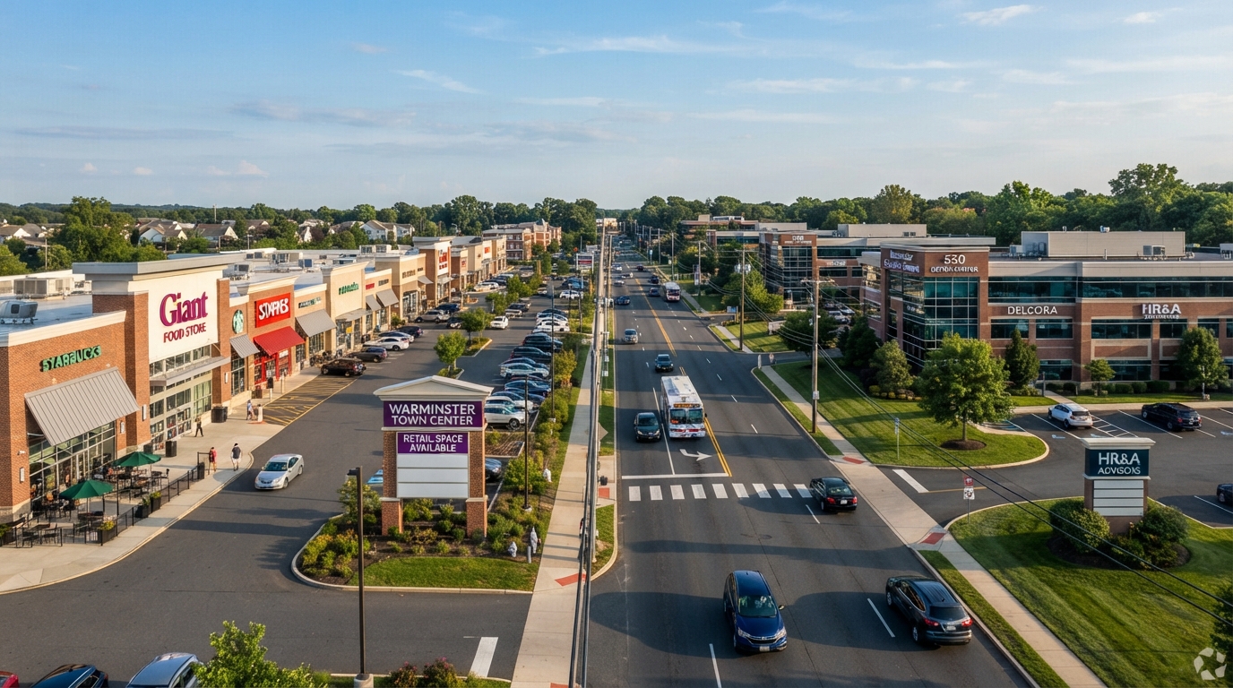Retail centers and suburban office parks in Warminster Township