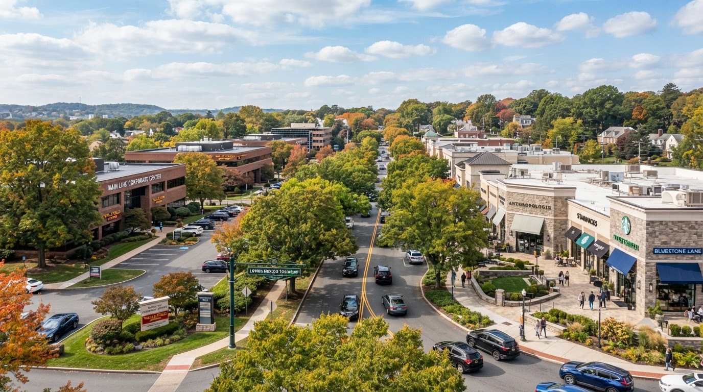 Suburban commercial office parks and retail centers in Lower Merion Township