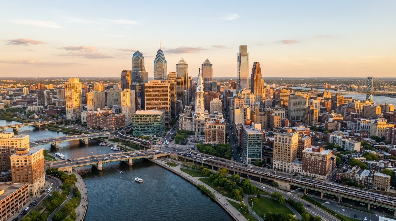 Aerial view of downtown Philadelphia commercial office towers and skyline