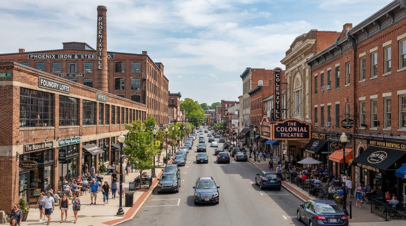 Downtown Phoenixville commercial district with historic factory buildings converted to retail and office space along Bridge Street