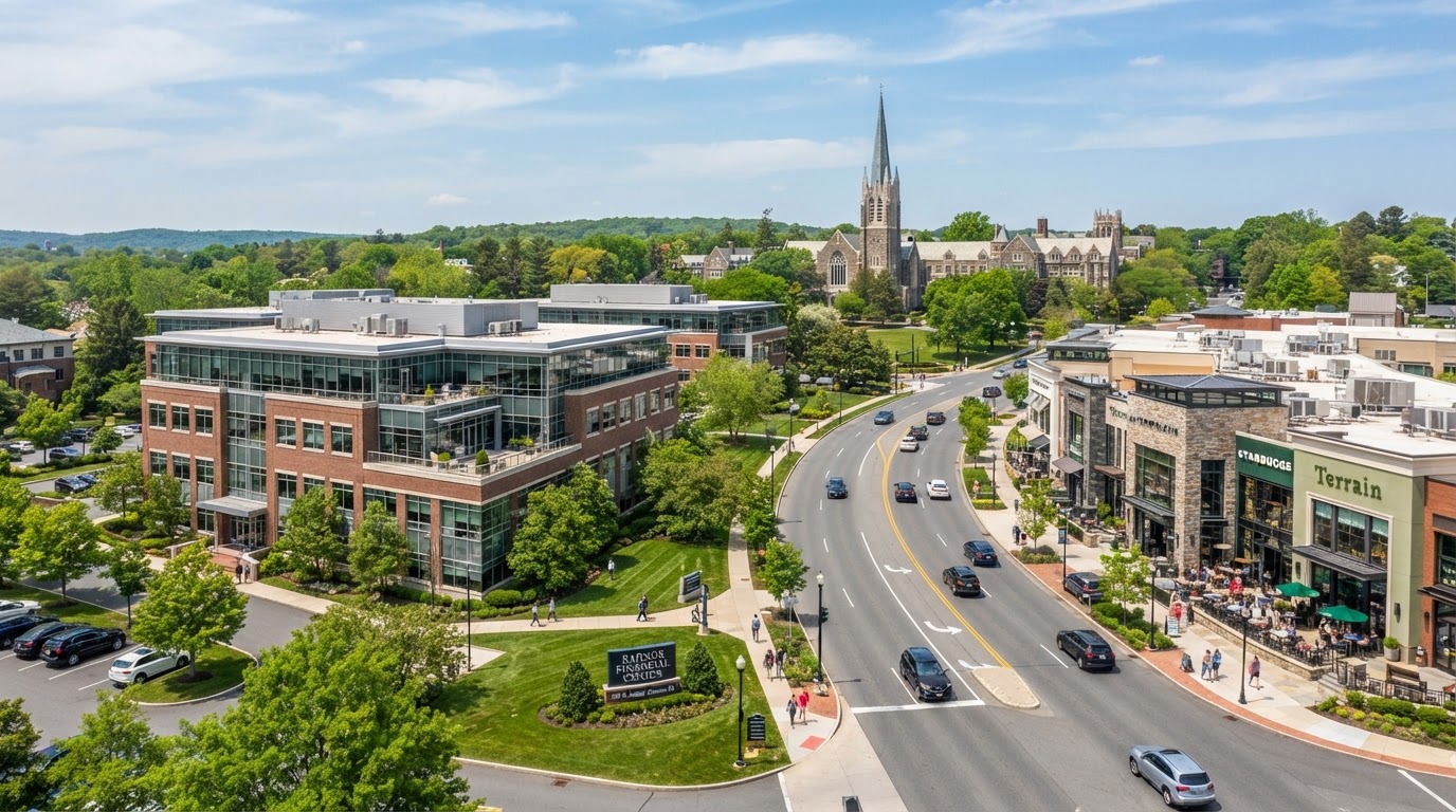Corporate office parks and upscale retail in Radnor Township near Villanova