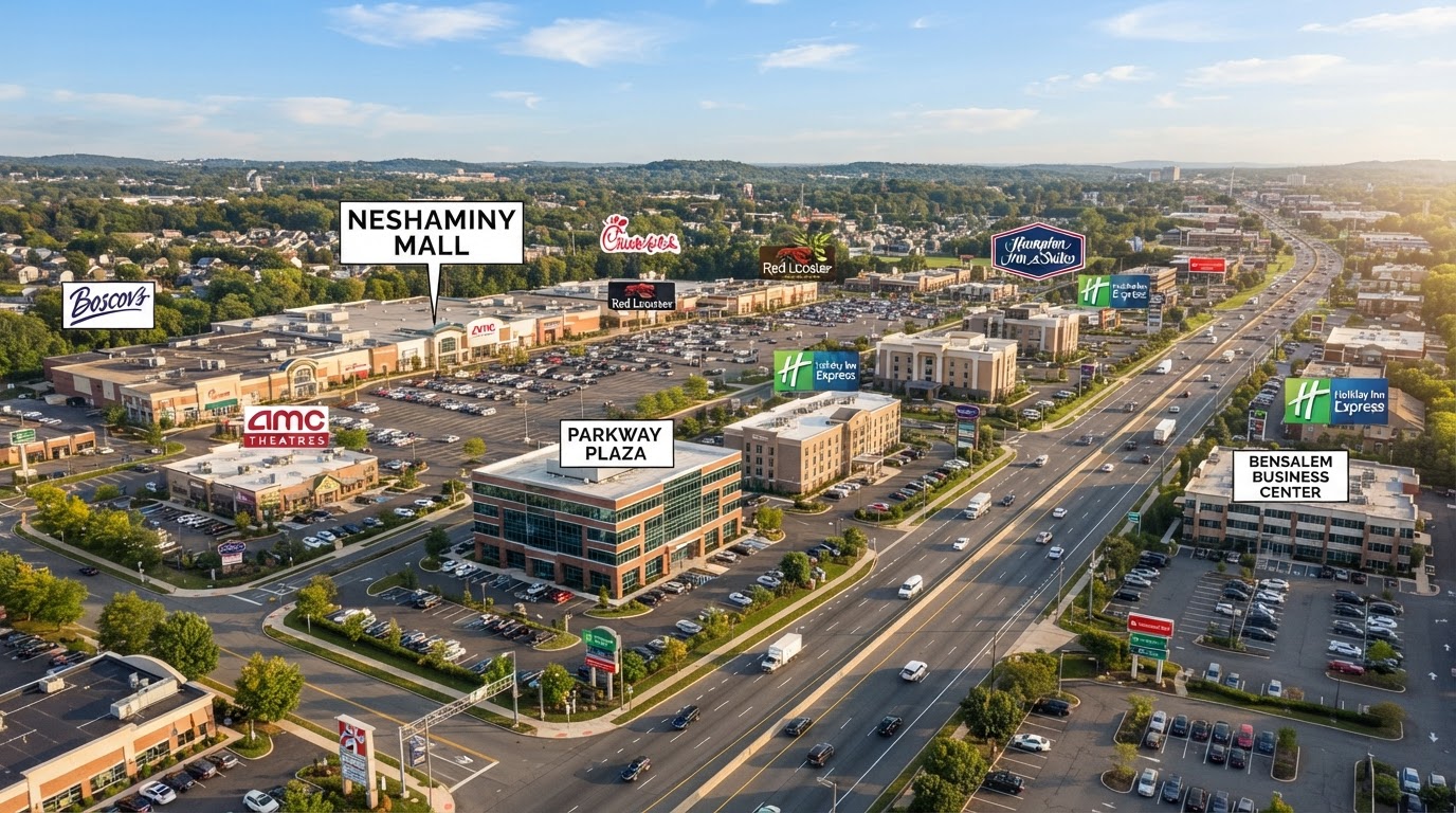 Retail centers, hotels and office buildings along Route 1 in Bensalem Township