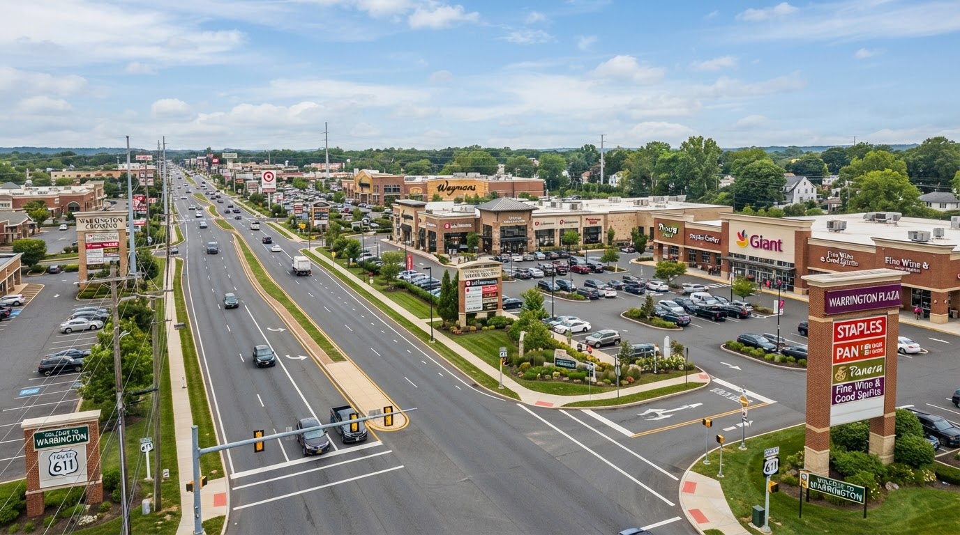 Retail centers and commercial corridors along Route 611 in Warrington Township