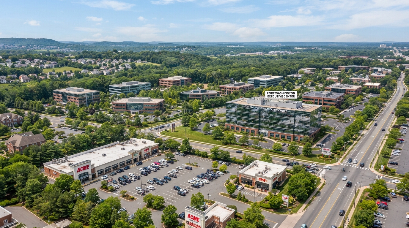 Corporate office parks and suburban retail in Upper Dublin Township near Fort Washington