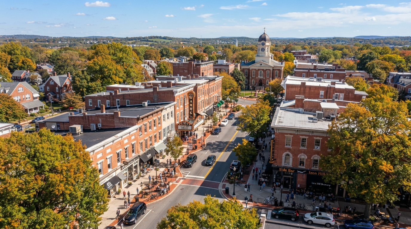 Historic downtown Darby commercial district with storefronts along Main Street near the Philadelphia border