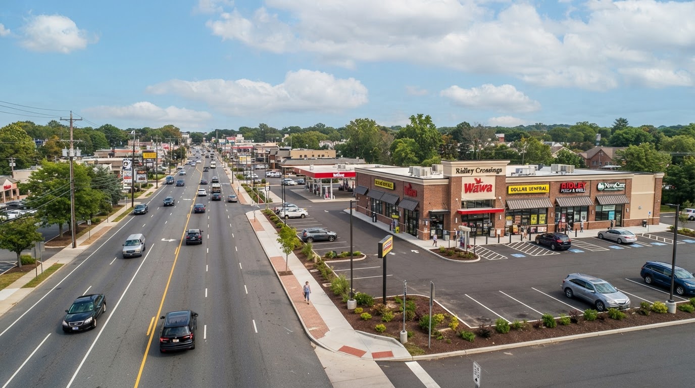 Retail corridors and suburban commercial properties in Ridley Township near Crum Lynne