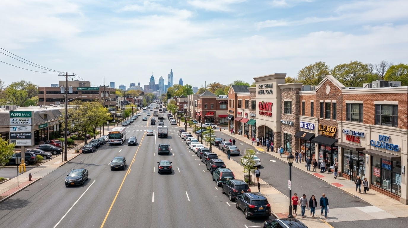 Commercial buildings and retail corridors in Cheltenham Township near Philadelphia