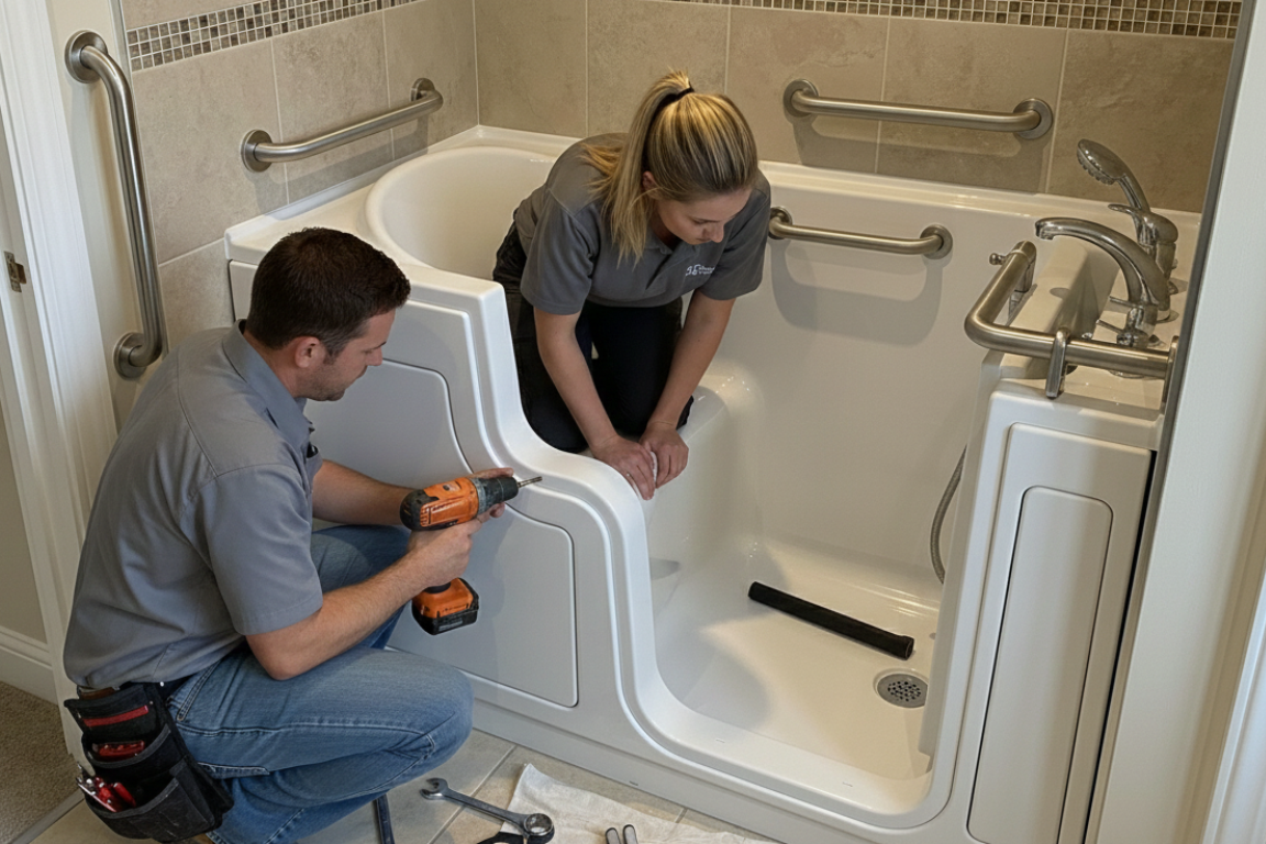 Licensed contractors installing an accessible walk-in bathtub with grab bars and safety features for aging-in-place bathroom remodeling in Surprise, AZ