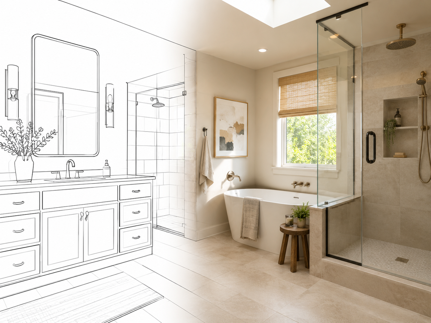 Before and after bathroom remodel in Surprise, AZ showing a design sketch transformed into a finished spa-style bathroom with a freestanding soaking tub, glass-enclosed walk-in shower, and custom vanity