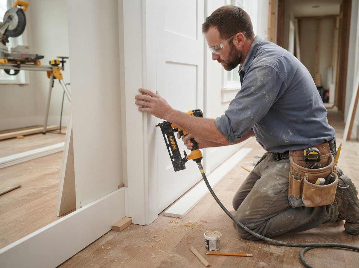 Finish carpentry installing door trim and baseboard in Maryville, TN