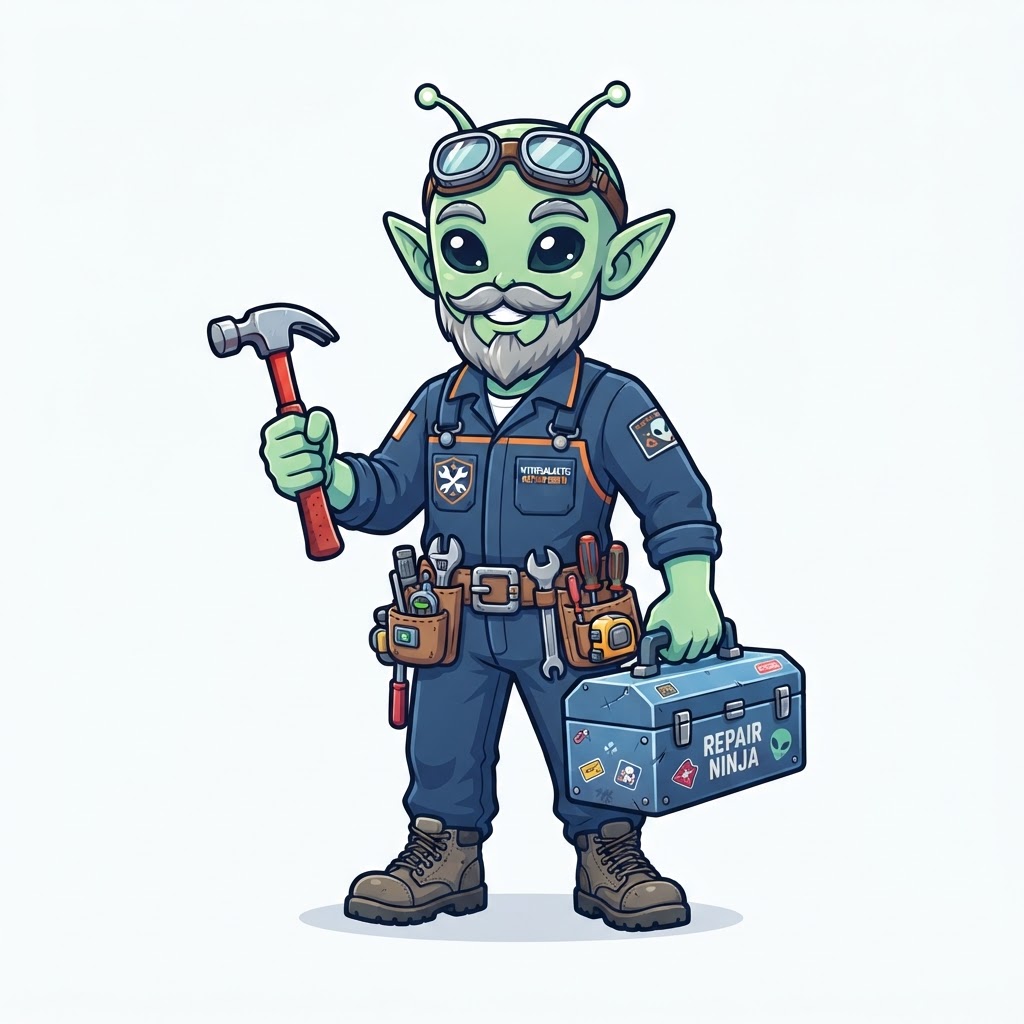 Intergalactic Repair Ninja alien mascot with toolbox