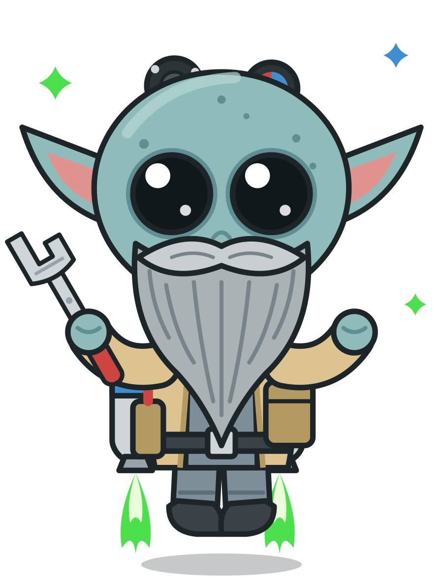 Square Peg rocket craftsman mascot with jetpack and wrench