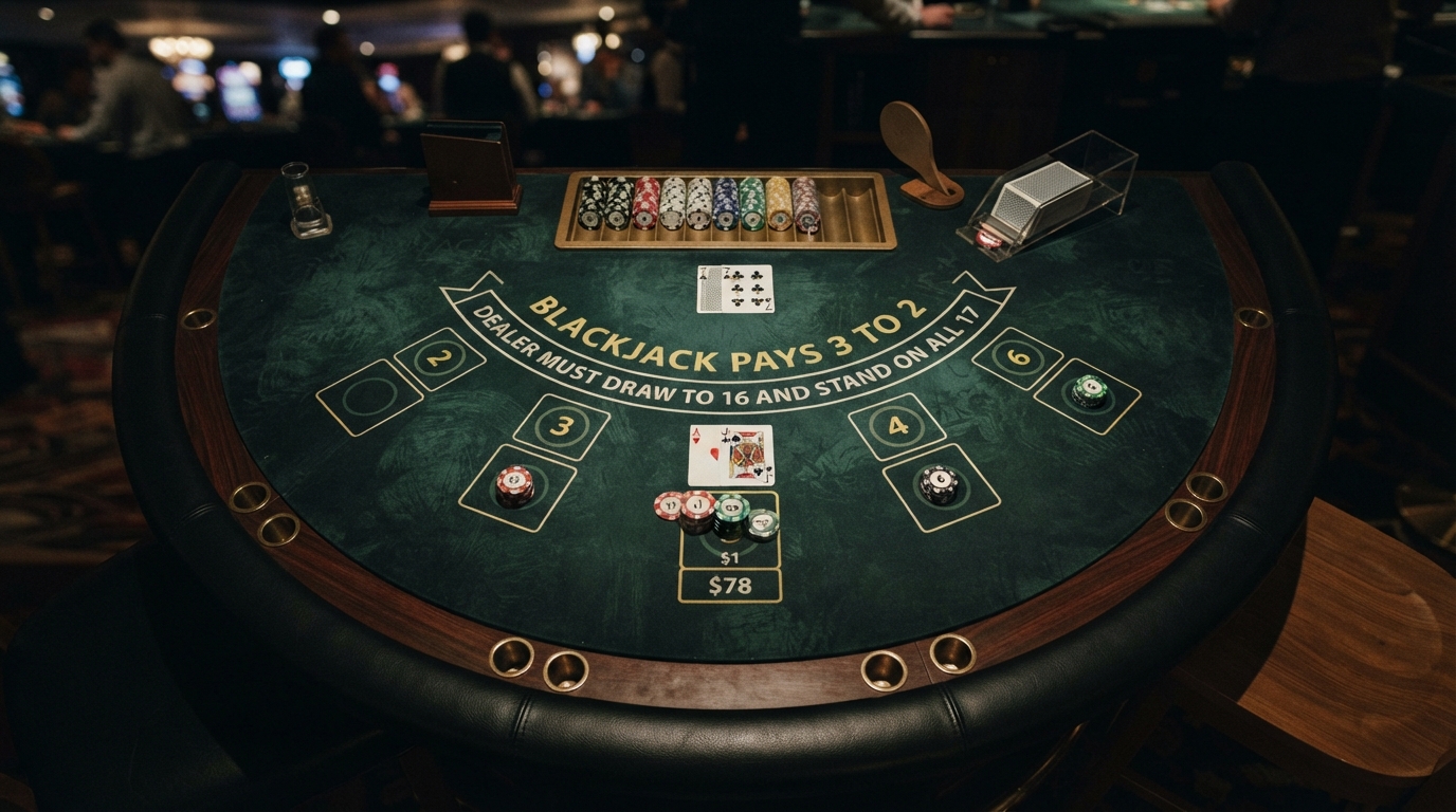 Overhead view of a single blackjack table layout, dark and abstract